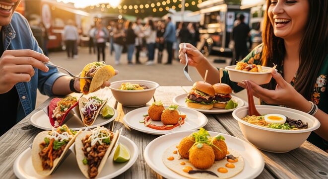 People enjoying various delicious food items at an outdoor food festival.