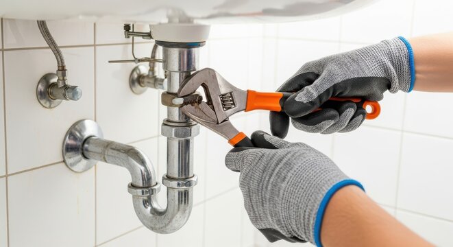 Closeup shot of a plumbers hands wearing protective gloves using an adjustable wrench to fix a leaky drainpipe under a bathroom sink, showcasing plumbing repair and maintenance skills