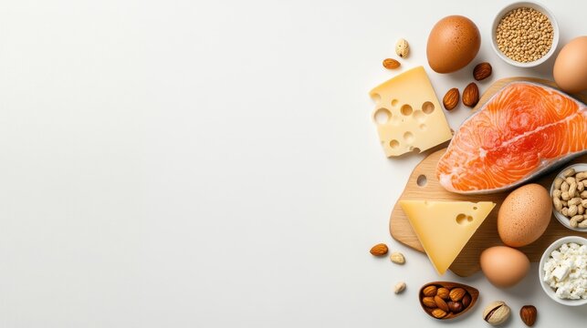 A stunning display of various food items, including salmon, cheese, and eggs, beautifully arranged on a wooden board against a white backdrop