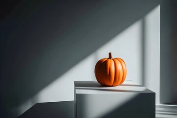Single pumpkin on white pedestal with dramatic shadows