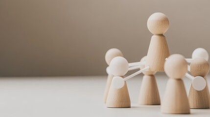 Wooden figures linked by white circles illustrate a network concept representing teamwork and collaboration