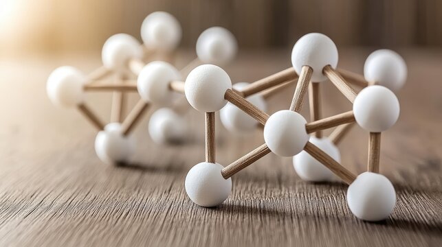 Wooden figures linked by white circles illustrate a network concept representing teamwork and collaboration
