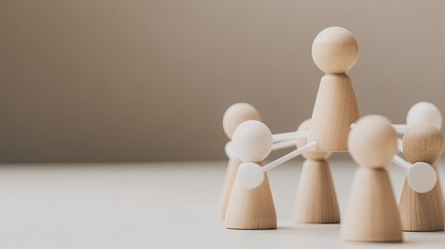 Wooden figures linked by white circles illustrate a network concept representing teamwork and collaboration