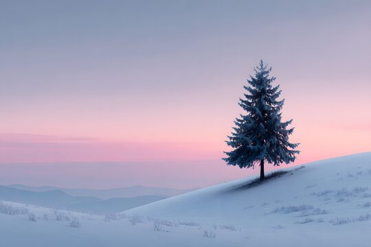 Frosty pine tree on snowy slope under soft morning sky