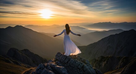 A woman in a white dress stands atop a mountain, arms outstretched, at sunset, enjoying the view.