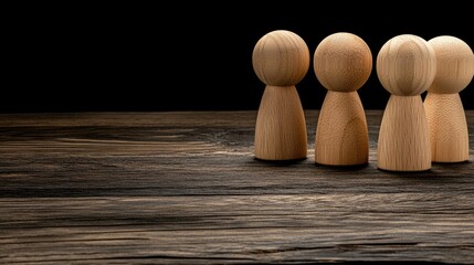 Wooden people figures standing together with speech bubbles, symbolizing community engagement and social networking