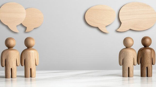 A lineup of wooden figures with speech bubbles illustrates community communication and interaction ideas on a gray backdrop