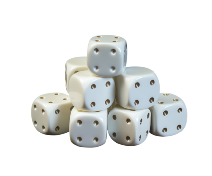 Stack of white dice showing different numbers on Transparent Background