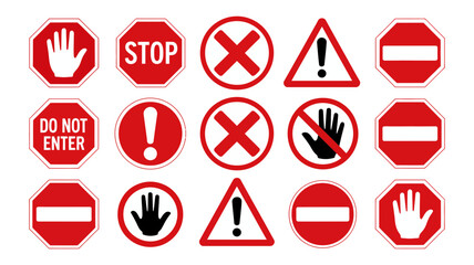 Extensive collection of red and white stop, warning, prohibition, and no entry signs, traffic symbols, and safety alerts. road sign vector set.