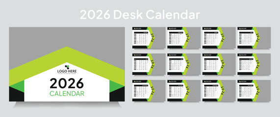 New year desk calendar 2026 template, corporate desk calendar schedule 2026 monthly 12-page planner layout, editable vector eps 10 file format	