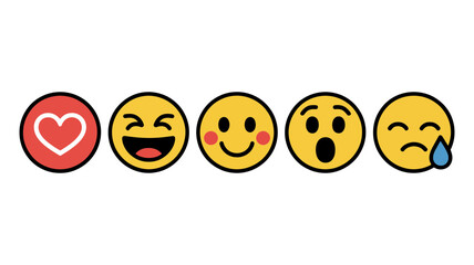 Obraz premium Digital reaction icons: love, joy, happiness, surprise, and sadness for social media, online communication, and emotional feedback systems.
