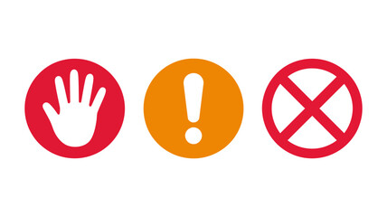 Obraz premium Set of red stop hand symbol, orange exclamation mark icon, and red prohibition sign illustrating danger, caution, warning, and restricted access concept