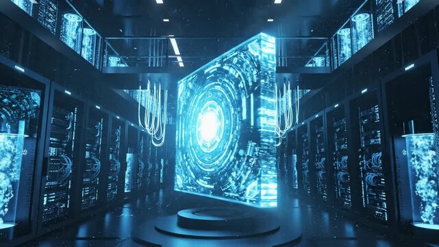Futuristic Digital Innovation: A mesmerizing glimpse into the future, showcasing a large glowing data panel, symbolizing innovation. with intricate circuitry and digital displays.