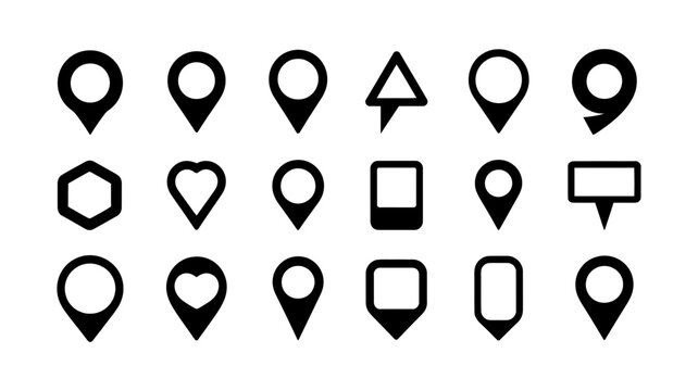 Diverse set of black map pointer icons, location markers, and navigation pins for digital applications, websites, and geographic information systems.