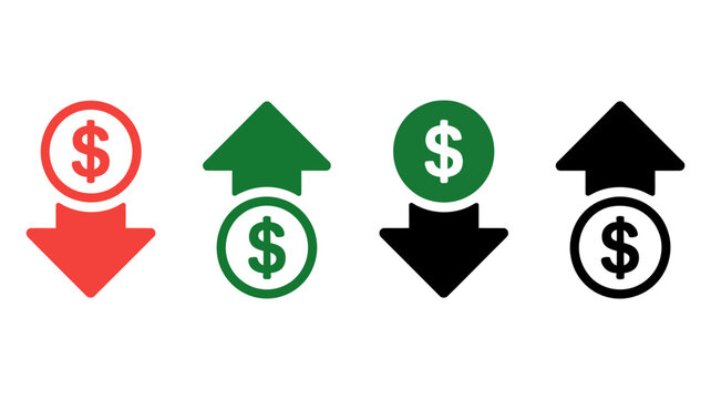 Dollar currency icons illustrating financial trends with red down arrows for decrease and green up arrows for increase, symbolizing market fluctuations.