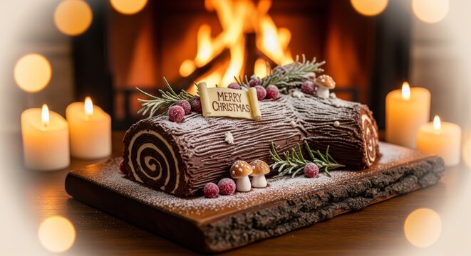 A festive chocolate yule log cake decorated with berries and rosemary, in front of a fireplace.