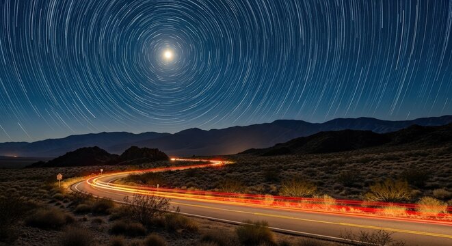 Star trails circle bright moon over winding desert road with red car light trails at night in mountains - Powered by Adobe