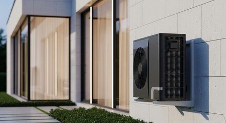 Modern heat pump unit installed on the exterior wall of a contemporary house.