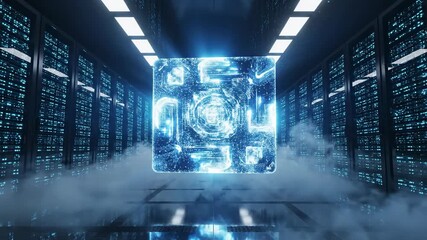 Digital Cube in Server Room: A futuristic server room with rows of powerful servers and a glowing digital cube at the center, symbolizing data processing and technological advancement. - Powered by Adobe