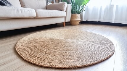 A round jute rug rests on a white wooden floor, complementing a beige sofa in a cozy contemporary living space