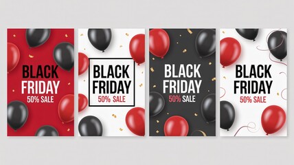 Grab stunning Black Friday 50% off deal posters with balloons and confetti