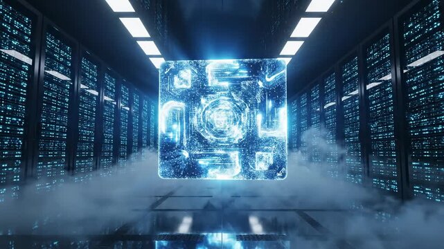 Digital Cube in Server Room: A futuristic server room with rows of powerful servers and a glowing digital cube at the center, symbolizing data processing and technological advancement. - Powered by Adobe