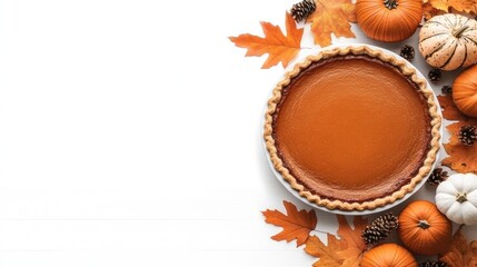 A traditional pumpkin pie rests on a rustic wooden table adorned with autumn leaves and small pumpkins, ideal for the fall season
