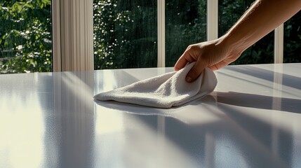 A person wipes a white cabinet table with a rag in a bright, pastel-colored kitchen, reflecting a moment of house cleaning