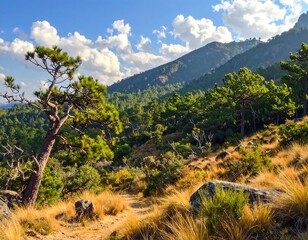 Scenic mountain trail with lush vegetation under a bright cloudy sky