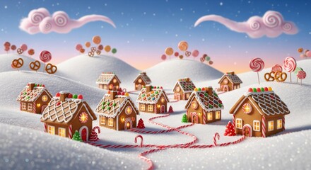 A whimsical winter scene featuring gingerbread houses nestled in a snowy landscape with candy accents.