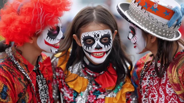 group of people in colorful costumes with skull face paint celebrating traditional festival street parade showing joy and cultural expression - Powered by Adobe