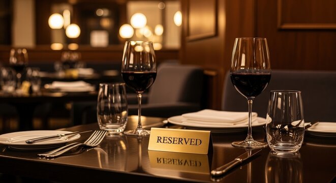 A reserved elegant restaurant table set with red wine glasses plates and cutlery in warm ambient lighting