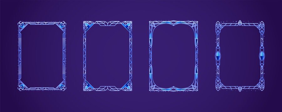 A set of borders with a stylized winter pattern. Vector frame templates on A4 paper. Icy engraved frames with winter ornaments and crystals. Decorations for Christmas, holidays. Cartoon illustration.