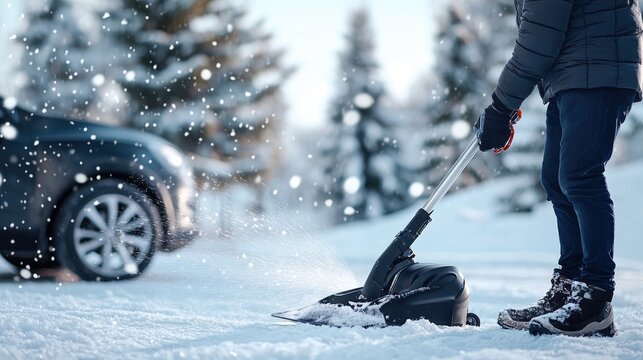A man operates a snow blower to remove deep snow from cars and a parking area following a severe winter storm in the city