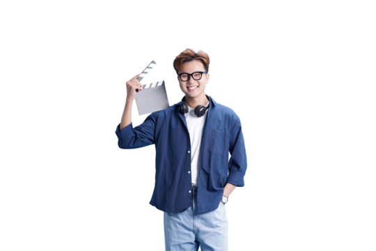 The Smiling Filmmaker : A young, confident filmmaker stands ready on set, holding a clapboard and headphones. Capturing the spirit of movie magic, ready for action!
