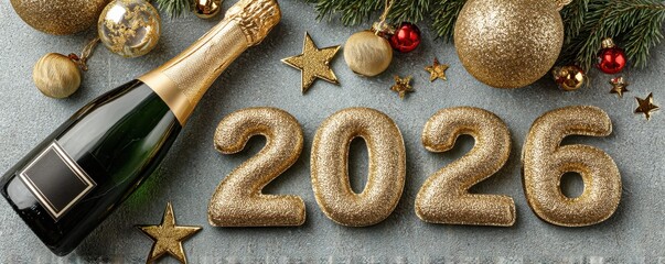 New year celebration 2026 with champagne bottle and glitter numbers and gold decorations