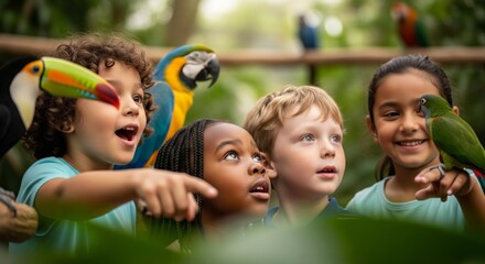 Children excitedly observe colorful birds in a lush, green environment, pointing and looking up with wonder.