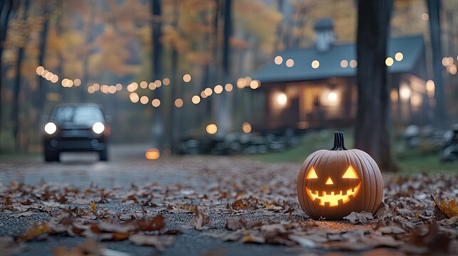 A carved jack-o'-lantern sits beside a deserted road in a foggy forest. The ground is wet with fallen leaves, and a car's headlights pierce the Halloween night
