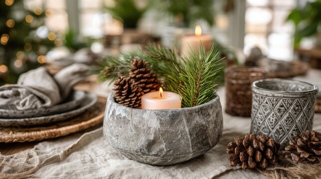 Table is beautifully arranged with plates, glasses, and candles, creating a cozy atmosphere for a delightful dinner experience