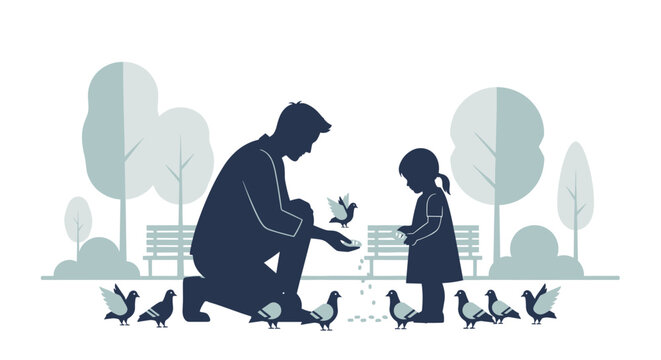 Father feeding pigeons with daughter in park on sunny day   - Powered by Adobe