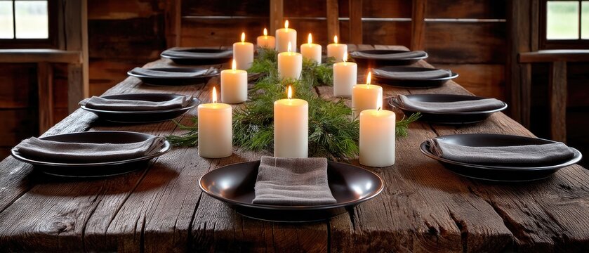 Table is beautifully arranged with plates, glasses, and candles, creating a cozy atmosphere for a delightful dinner experience