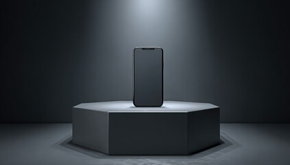 Smartphone displayed centrally on a dark hexagonal podium under spotlight.
