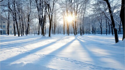 Obraz premium Bright sunlight shines through trees in a snowy forest, creating a serene winter scene filled with sparkling snow and shadows