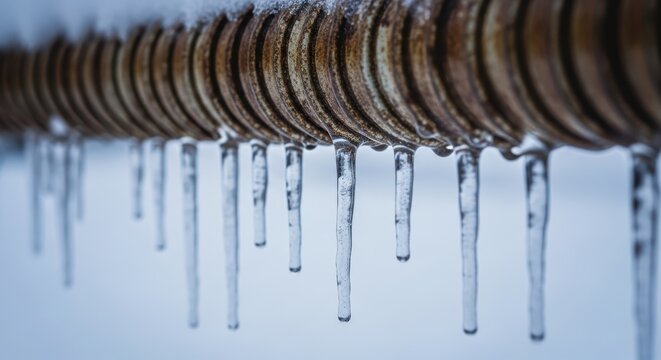 A closeup view of icicles hanging from a rusty metal pipe creates a stark and beautiful contrast, capturing the essence of winters icy grip and the passage of time