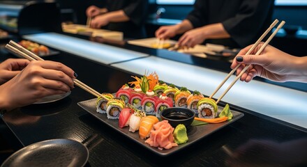 A close-up shot of a sushi platter with various rolls and nigiri, chopsticks, and chefs in the background.