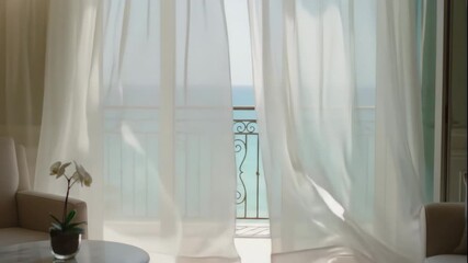 Gentle ocean breeze through sheer curtains in a sunlit room. - Powered by Adobe