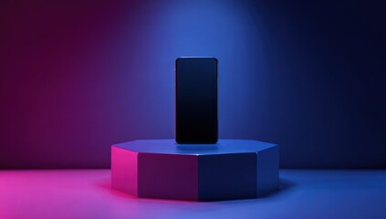Smartphone presentation on illuminated geometric pedestal against dark background