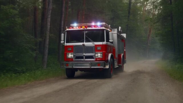 cami&oacute;n de bomberos rojo circulando por un camino rural en medio de un bosque frondoso. El veh&iacute;culo avanza lentamente levantando polvo del camino de tierra, con reflejos realistas en la carrocer&iacute;a.