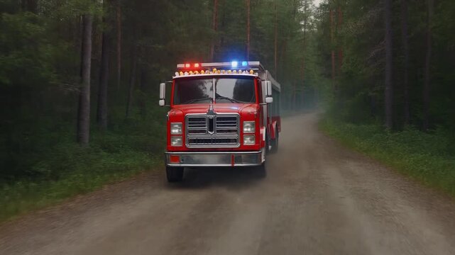 cami&oacute;n de bomberos rojo circulando por un camino rural en medio de un bosque frondoso. El veh&iacute;culo avanza lentamente levantando polvo del camino de tierra, con reflejos realistas en la carrocer&iacute;a.