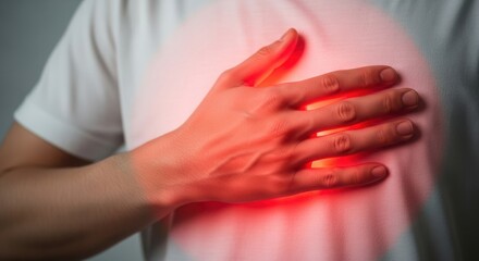 Close-up of hand clutching chest with glowing red area indicating pain or discomfort